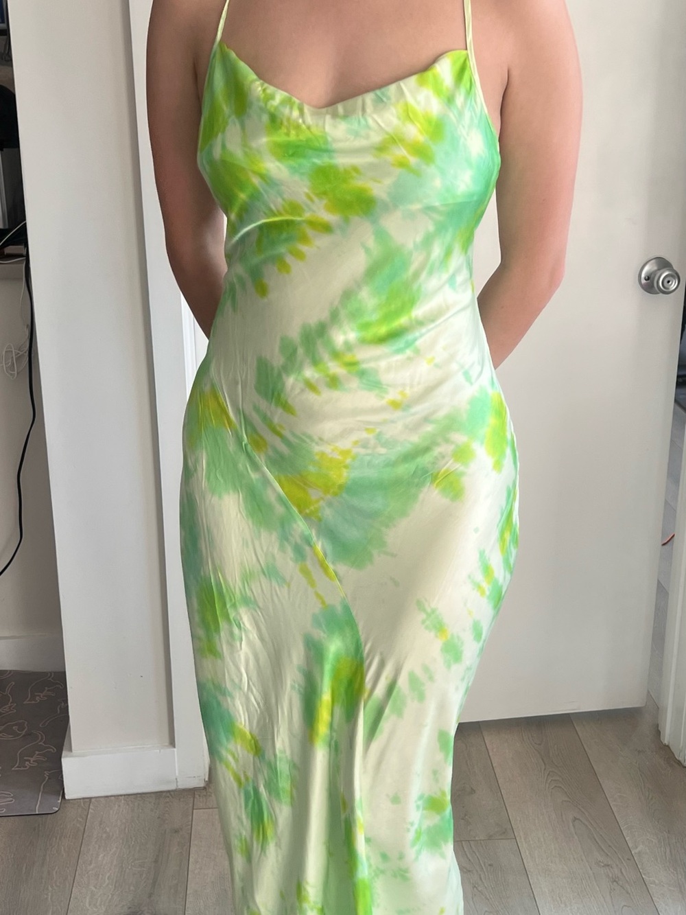 Rat & Boa Green Tie Dye Satin Maxi Slip Dress Open Back XL (Fits L/M)